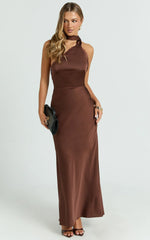 Keryn Maxi Dress - Open Back Shoulder Detailing Dress in Chocolate