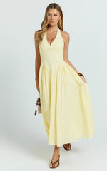 Athena Midi Dress - Halter Drop Waist Dress in Lemon