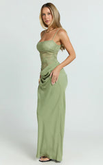 Rania Maxi Dress - Contrast Lace Bodice Bias Cowl Drop Waist Dress in Sage