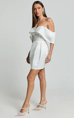 Demelza Mini Dress - V Bar Off Shoulder Satin Dress in Ivory