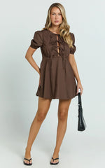 Hattie Mini Dress - Tie Front Puff Sleeve Dress in Chocolate