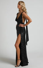 Malisha Maxi Dress - Sequin Cowl Neck Backless Dress in Black