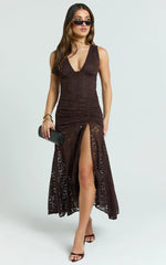 Rosanna Maxi Dress - Plunge Lace Fit And Flare Dress in Chocolate