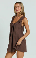 Lucinda Mini Dress - Deep U Gathered Neck Smock Dress in Chocolate