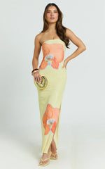 Aretta Maxi Dress - Strapless Fitted Placement Mesh Print Dress in Orchid Print