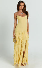 Maeve Maxi Dress - V Neck Ruffle Tier Slip Dress in Lemon