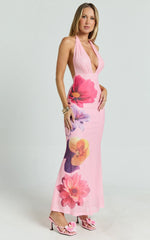 Jessy Maxi Dress - Halter Floral Dress with Scarf in Pink Floral