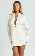 Paola Mini Dress - Tie Front Collared Skirt Dress in Off White