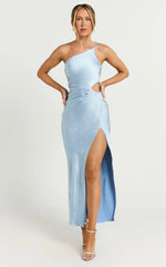 Leighton Maxi Dress - One Shoulder Ruched Thigh Split Slip Dress in Blue