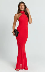 Frederica Maxi Dress - Gathered Halter Neck Godet Dress in Red