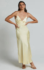Lorenzia Maxi Dress - Plunge Corset Underbust Detail Satin Dress in Lemon