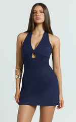 Iyesha Mini Dress - Halter Neck Keyhole Dress in Navy