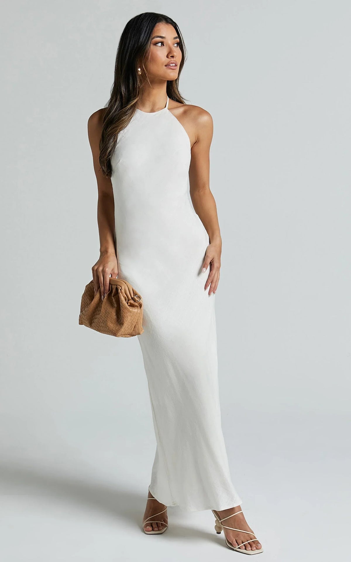 Cyrena Maxi Dress - Linen Halter Neck Sleeveless Slip Dress in Off White