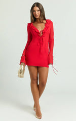 Alesya Mini Dress - Ruffle Plunge Neck Long Sleeve Tie Detail Dress in Red