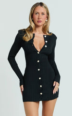 Celia Mini Dress - High Neck Square Shoulder Button Front Ruche Waist Knit Dress in Black