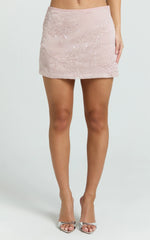 Elysia Mini Skirt - Sequin Low Waist Skirt in Pale Pink