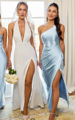 Isla Maxi Dress - Satin One Shoulder Side Split Dress in Blue