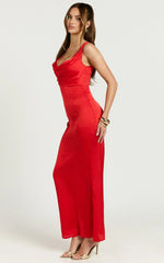 Grace Maxi Dress - Cowl Neck Satin Slip Dress in Coral Red