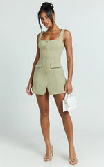 Kenna Mini Dress - Square Neck Button Down Mini Dress in Sage