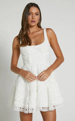 Lilia Mini Dress - Corset Scoop Neck Fit And Flare Dress in White