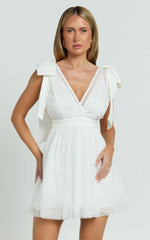 Karalyn Mini Dress - Bow Strap Plunge Pearl Detail Dress in White