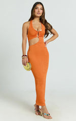 Halle Maxi Dress - Halterneck Cutout Fitted Jersey Dress with Hardware Detail in Orange