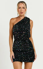 Lucy Mini Dress - One Shoulder Sequin Mini Dress in Black