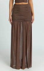 Ray Maxi Skirt - Mesh Ruched Side Split Maxi Skirt in Chocolate