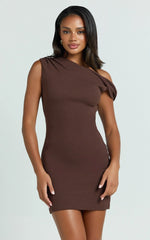 Clementine Mini Dress - Ribbed Off Shoulder Bodycon Dress in Chocolate