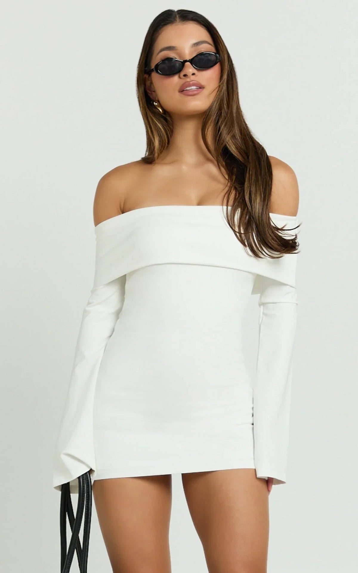 Esme Mini Dress - Off Shoulder Wide Sleeve Fitted Skirt Dress in Off White