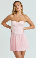 Loretta Mini Dress - Lace Up Corset Pleated Dress in Soft Pink