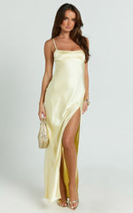 Natalie Maxi Dress - Satin Scoop Neck Low Tie Back Slip Dress in Lemon