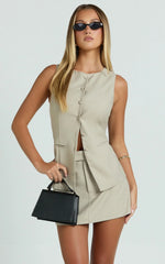 Desi Mini Skirt - Tailored Mid Waisted Skirt in Oatmeal