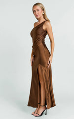 Isla Maxi Dress - Satin One Shoulder Side Split Dress in Chocolate