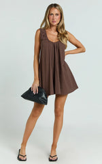 Lucinda Mini Dress - Deep U Gathered Neck Smock Dress in Chocolate