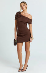 Kairose Mini Dress - Asymmetrical Sleeve Dress in Chocolate