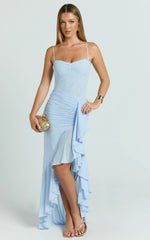 Brionna Midi Dress - Lace Neck Ruched Ruffle Hem Dress in Blue