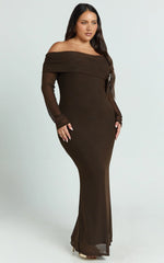 Bethanie Maxi Dress - Off The Shoulder Mesh Dress in Chocolate