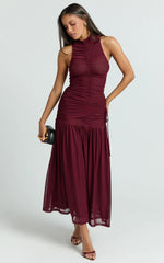Metzie Maxi Dress - High Neck Gathered Mesh Dress in Burgundy