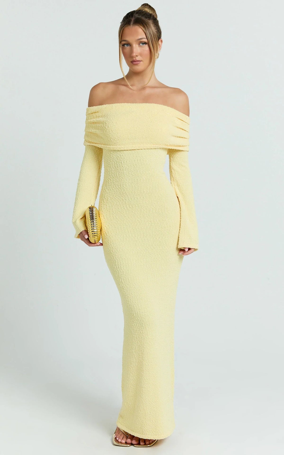 Pietra Maxi Dress - Knit Off Shoulder Dress in Lemon