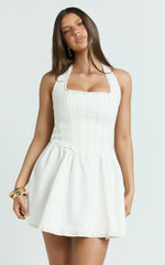 Hayes Mini Dress - Halter Neck Corset Bodice Dress in Cream Contrast Stitch