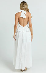 Heidi Maxi Dress - Deep V Plunge Halter Neck Brooch Detail Split Skirt Dress in White