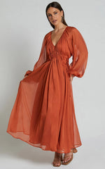 Roxanna Maxi Dress - Long Sleeve Ruched Waist Dress in Rust
