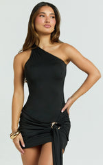 Lilian Mini Dress - One Shoulder Bodycon Dress with Hardware Detail in Black