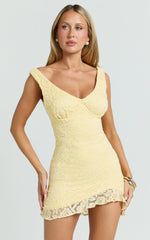 Judai Mini Dress - Lace Off Shoulder A Line Dress in Lemon