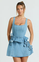 Delia Mini Dress - Denim Fit And Flare Dress in Light Blue Wash