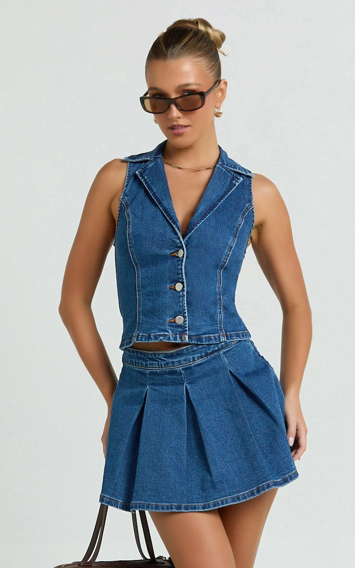 Nikita Mini Skirt - Mid Waisted Denim Box Pleat Skirt in Dark Blue Wash