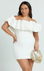Coraline Mini Dress - Ruffle Off Shoulder Fitted Dress in White