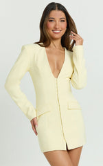 Cady Mini Dress - V Neck Hook And Eye Front Fitted Dress in Yellow