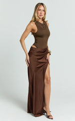 Pepper Maxi Dress - High Neck Bodysuit with Draped Skirt in Chocolate